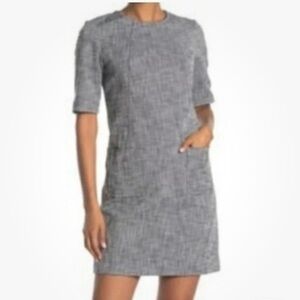 Trina Turk Cotton Linen Sheath Blue Textured Elbow Sleeve Pockets Size 16